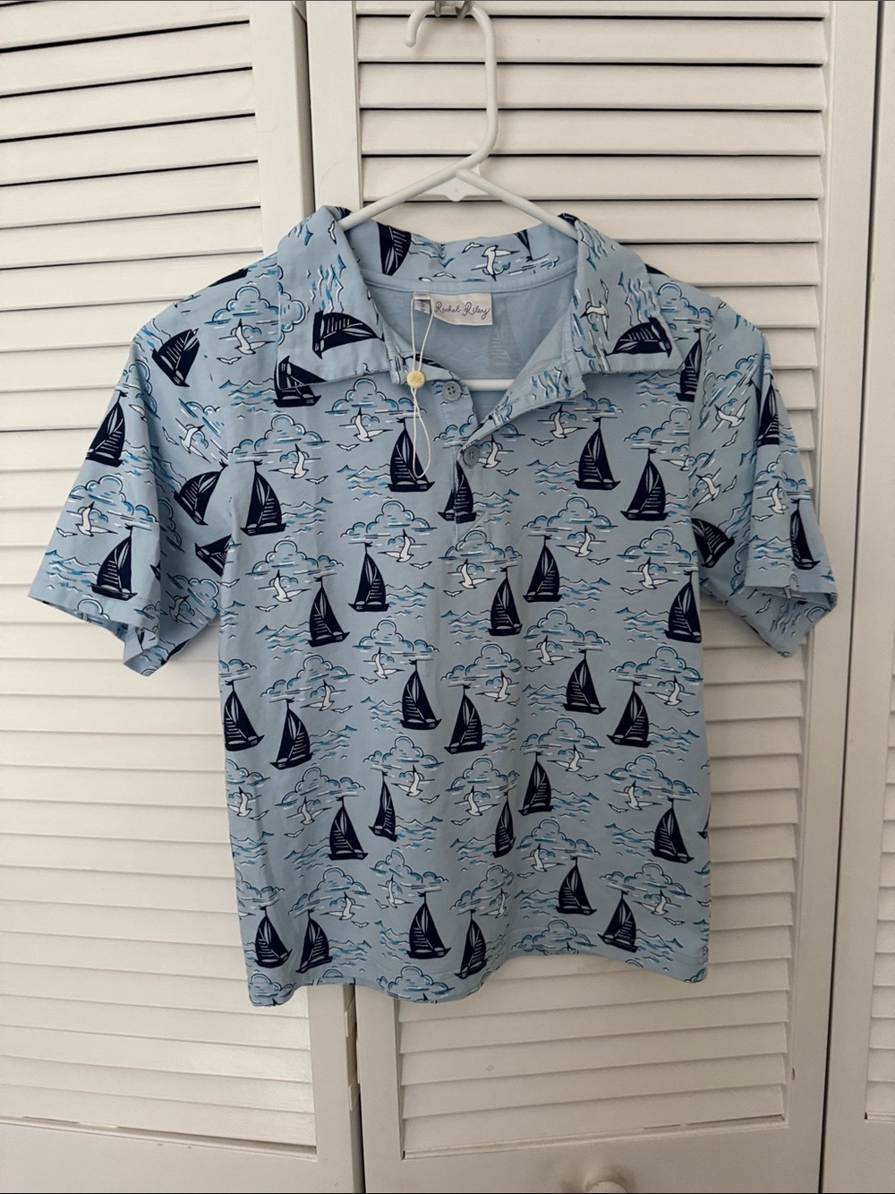 NWOT Light Blue Rachel Riley sailboat Print Polo Shirt, 10Y